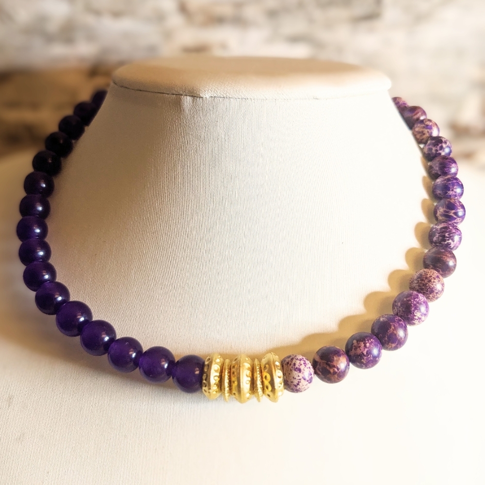 Purple Imperial Sea Sediment Jasper & Purple Jade In Beaded Choker/Necklace